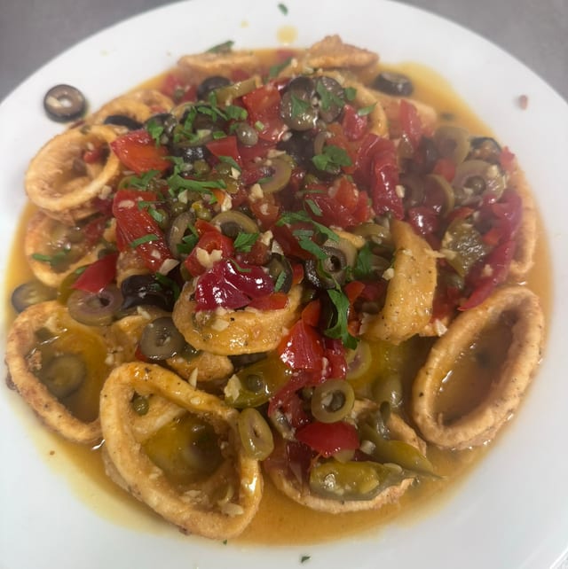 Fried Calamari with Cherry Peppers & Olives.