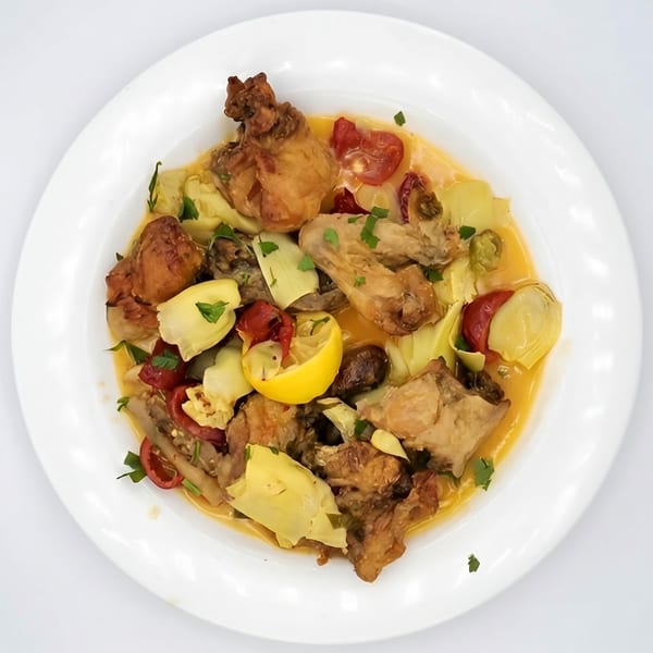Chicken and artichoke hearts in a yellow sauce with cherry tomatoes and a lemon wedge.