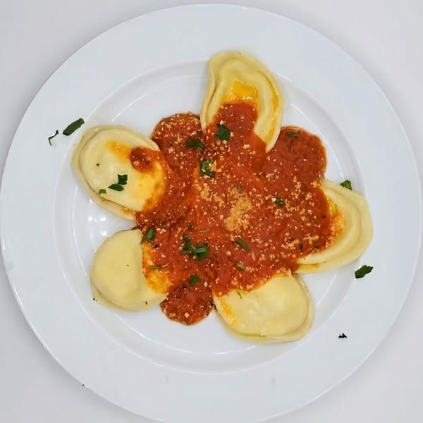 Ravioli pasta with red sauce, grated cheese, and green herbs on a white plate.