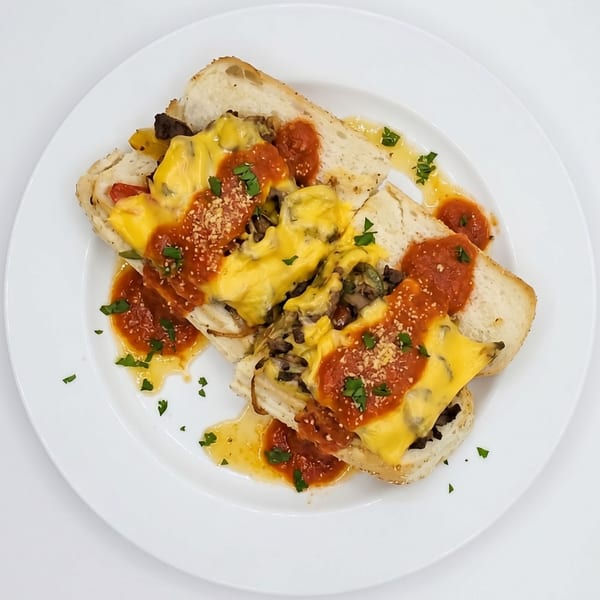 Cheesesteak sandwich halves with melted cheese, marinara, and parsley on a white plate.