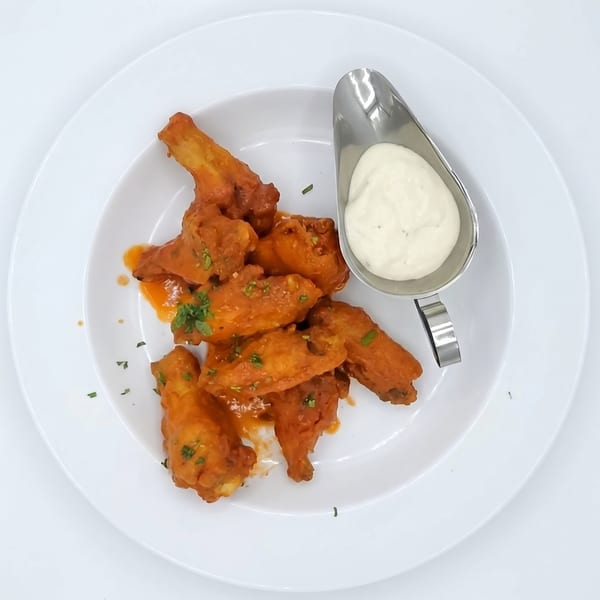 A white plate holds several orange chicken wings with green herbs and a side of white dipping sauce.